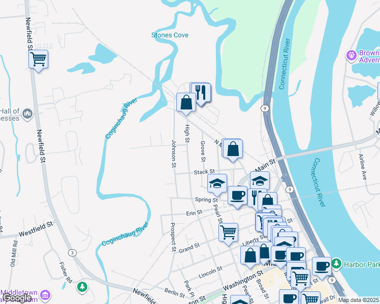 map of restaurants, bars, coffee shops, grocery stores, and more near 634 High Street in Middletown