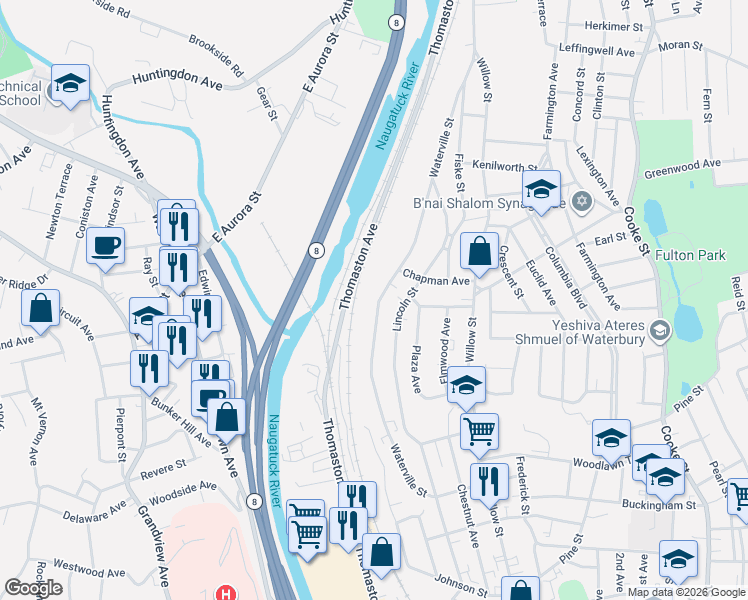 map of restaurants, bars, coffee shops, grocery stores, and more near 375 Waterville Street in Waterbury