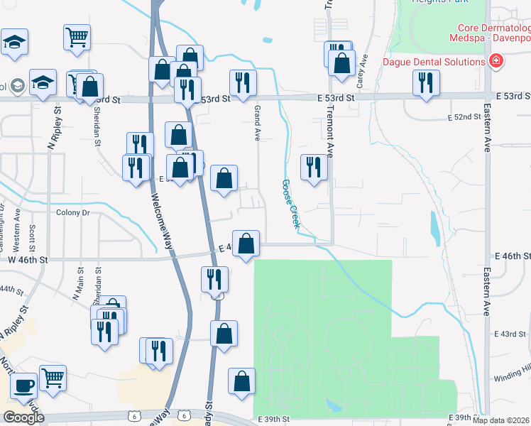 map of restaurants, bars, coffee shops, grocery stores, and more near 4800 Grand Avenue in Davenport