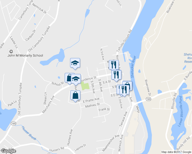 map of restaurants, bars, coffee shops, grocery stores, and more near 97 Providence Street in Norwich