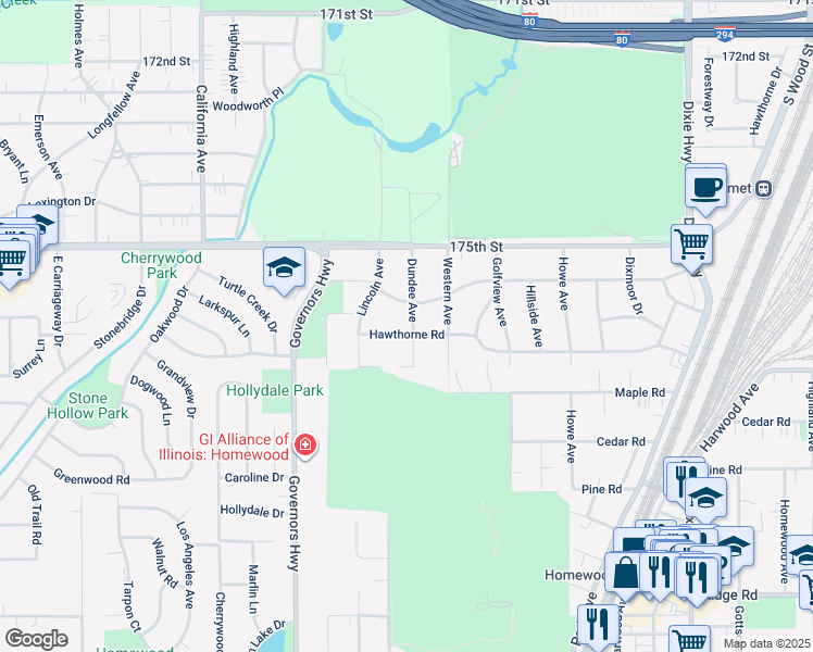 map of restaurants, bars, coffee shops, grocery stores, and more near 2440 Hawthorne Road in Homewood