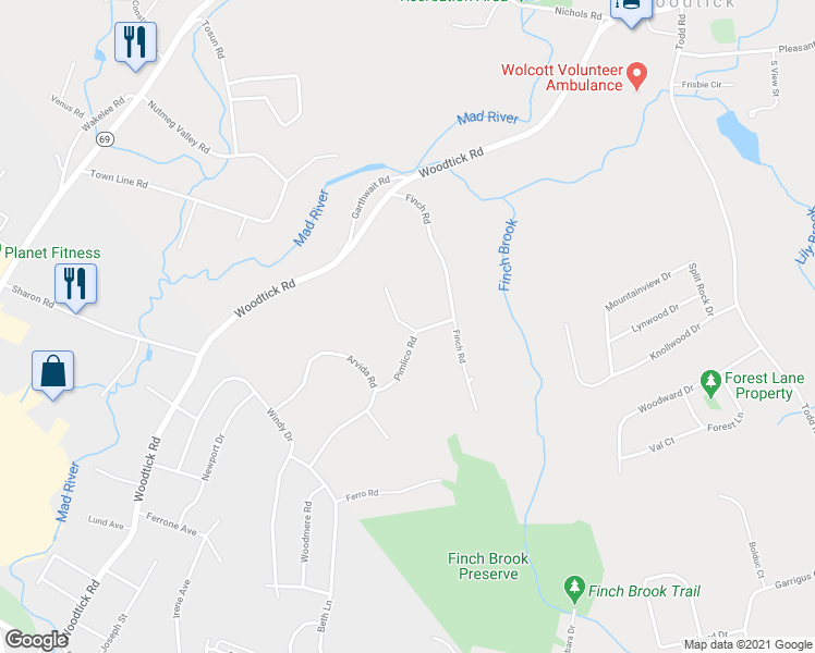 map of restaurants, bars, coffee shops, grocery stores, and more near 3 Tottenham Road in Wolcott