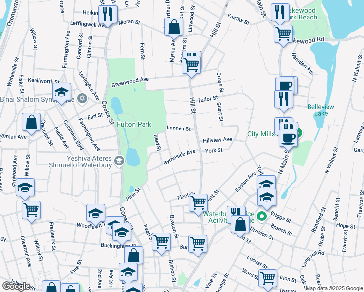map of restaurants, bars, coffee shops, grocery stores, and more near 26 Woodstock Street in Waterbury