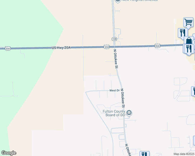 map of restaurants, bars, coffee shops, grocery stores, and more near 1356 N Cornell Ln in Wauseon