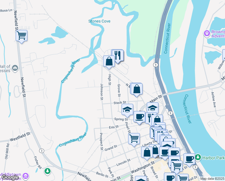 map of restaurants, bars, coffee shops, grocery stores, and more near 640 High Street in Middletown