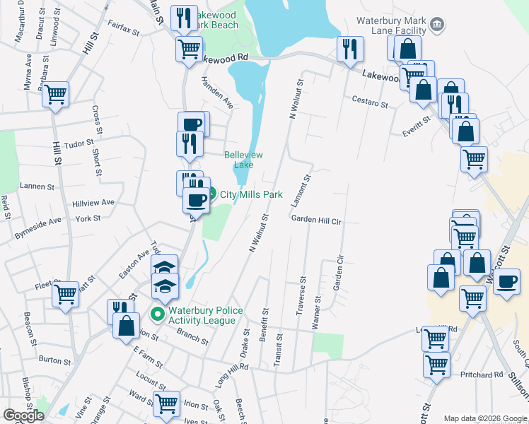 map of restaurants, bars, coffee shops, grocery stores, and more near 421 North Walnut Street in Waterbury