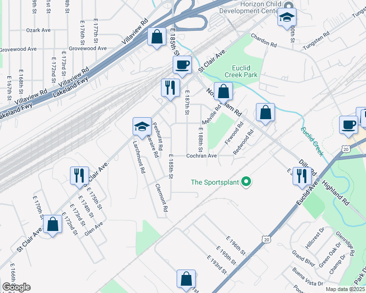 map of restaurants, bars, coffee shops, grocery stores, and more near 1376 East 187th Street in Cleveland