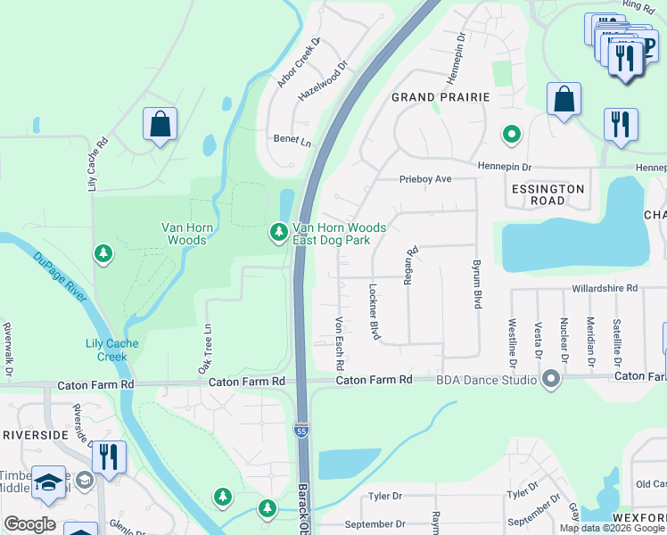 map of restaurants, bars, coffee shops, grocery stores, and more near 2502 Von Esch Road in Joliet