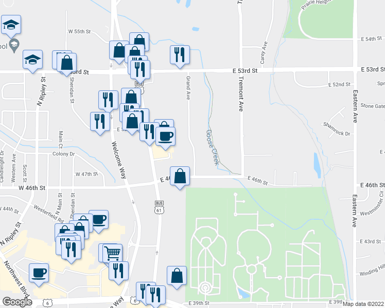 map of restaurants, bars, coffee shops, grocery stores, and more near 4800 Grand Avenue in Davenport