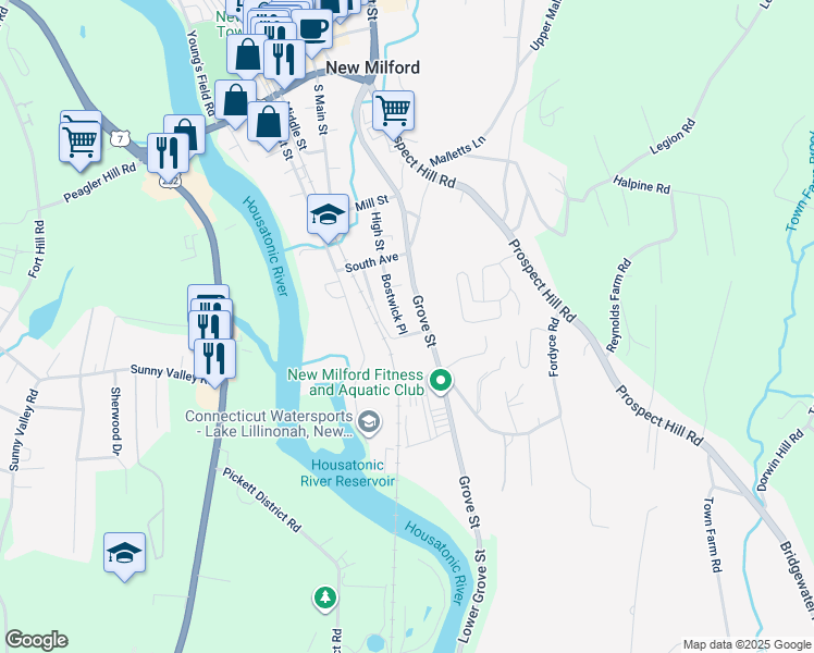 map of restaurants, bars, coffee shops, grocery stores, and more near 21 Bostwick Place in New Milford