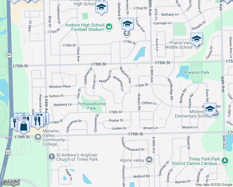 map of restaurants, bars, coffee shops, grocery stores, and more near 17625 Rosewood Lane in Tinley Park