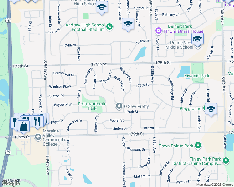 map of restaurants, bars, coffee shops, grocery stores, and more near 17625 Rosewood Lane in Tinley Park