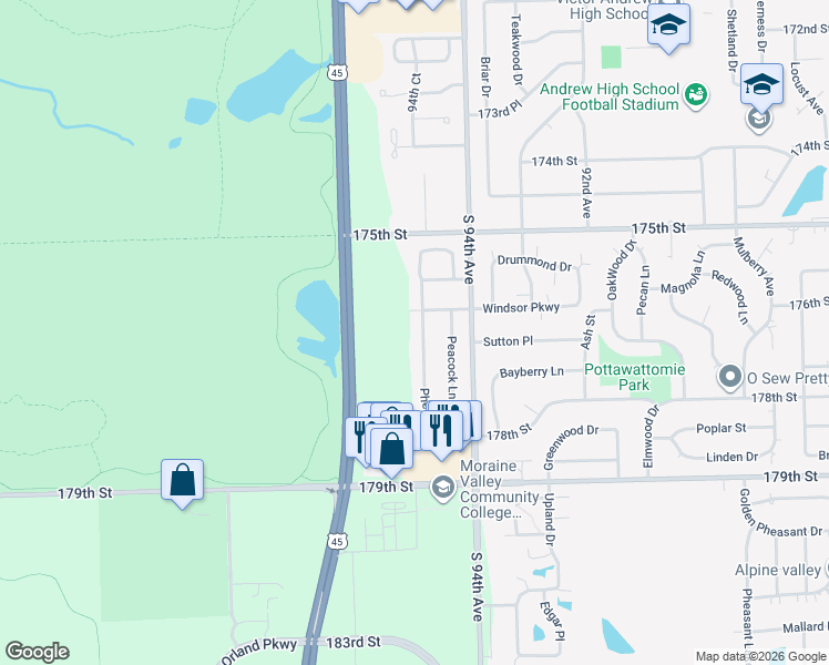map of restaurants, bars, coffee shops, grocery stores, and more near 17648 Pheasant Drive in Tinley Park