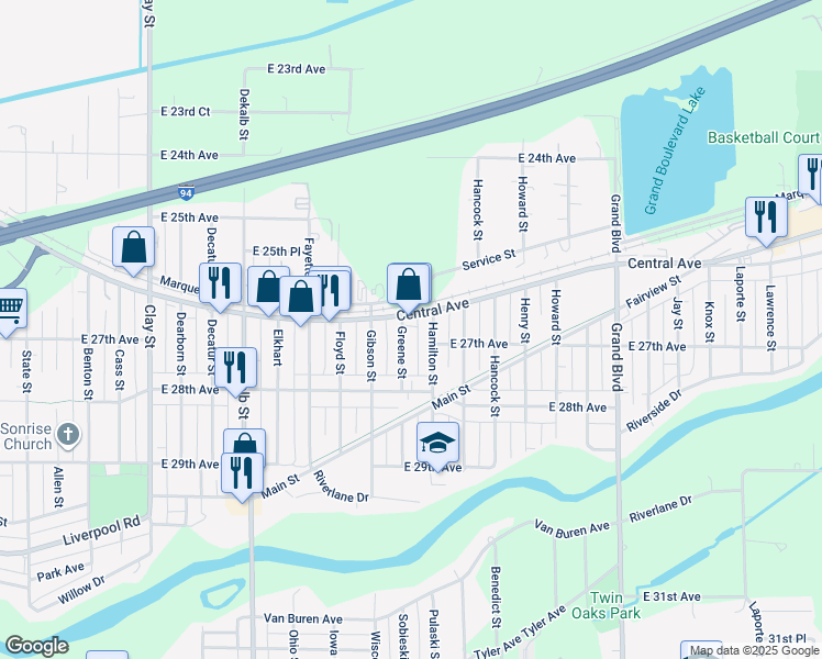 map of restaurants, bars, coffee shops, grocery stores, and more near 2671 Greene St in Lake Station