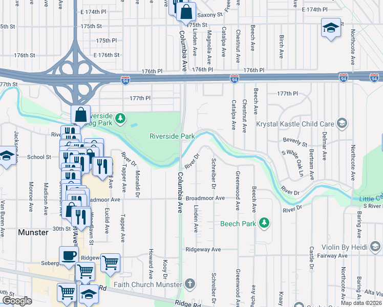 map of restaurants, bars, coffee shops, grocery stores, and more near 1225 River Drive North in Munster