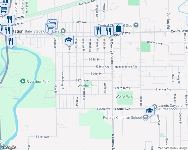 map of restaurants, bars, coffee shops, grocery stores, and more near 4831 East 26th Place in Gary