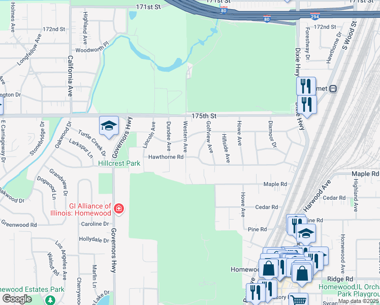 map of restaurants, bars, coffee shops, grocery stores, and more near 17619 Western Avenue in Homewood