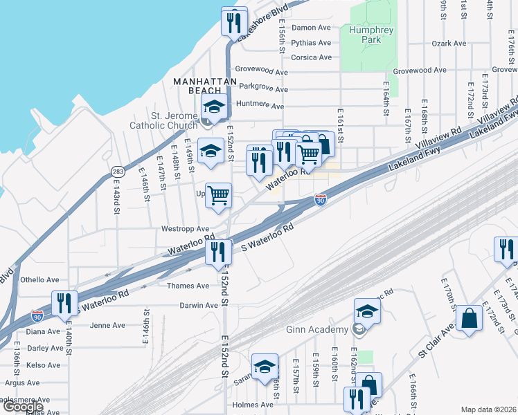 map of restaurants, bars, coffee shops, grocery stores, and more near 15426 Calcutta Avenue in Cleveland