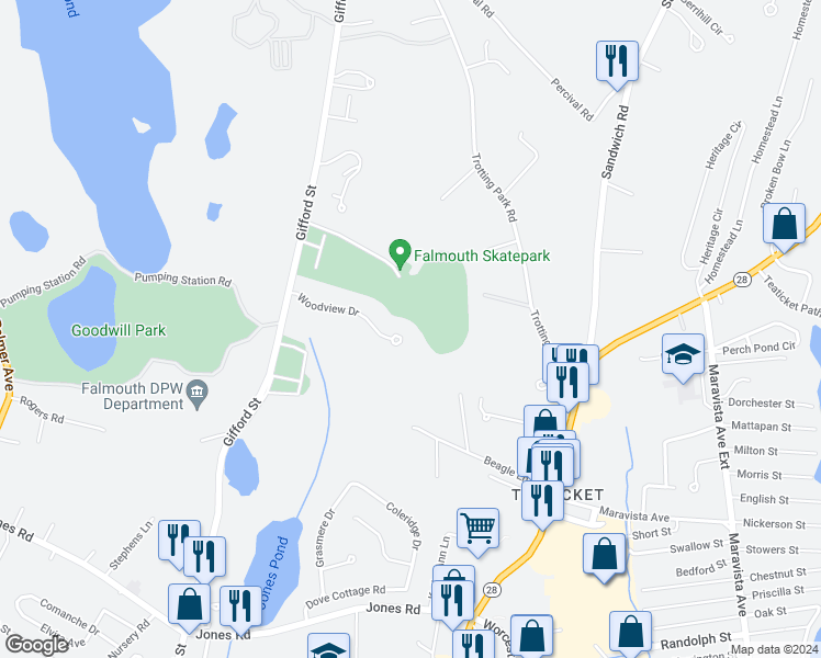 map of restaurants, bars, coffee shops, grocery stores, and more near 33 Woodview Drive in Falmouth