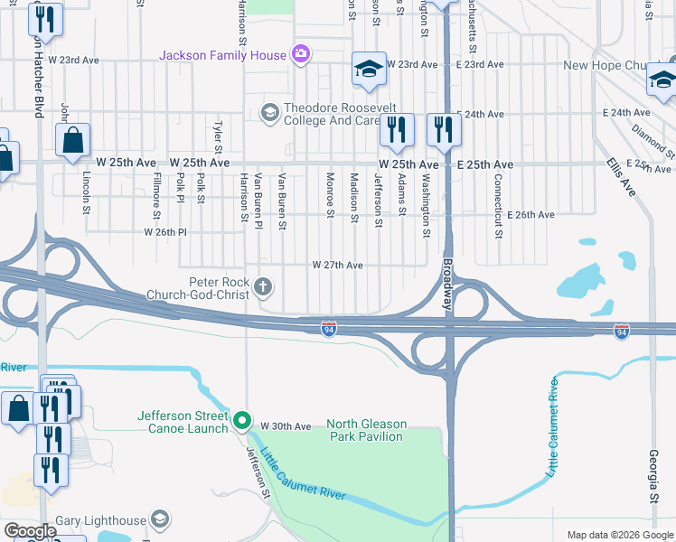 map of restaurants, bars, coffee shops, grocery stores, and more near 2705 Monroe Street in Gary