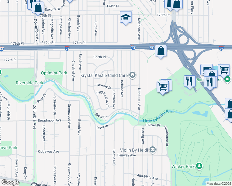 map of restaurants, bars, coffee shops, grocery stores, and more near 7907 Bertram Avenue in Hammond