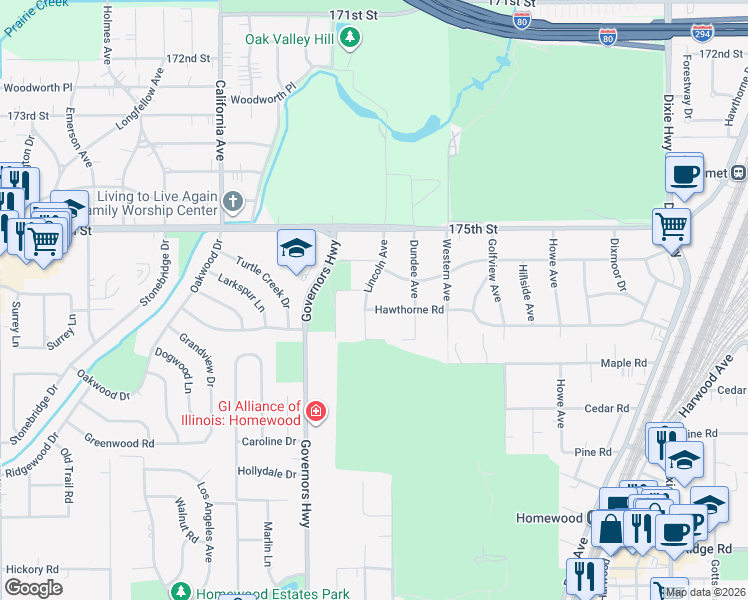 map of restaurants, bars, coffee shops, grocery stores, and more near 17615 Lincoln Avenue in Homewood