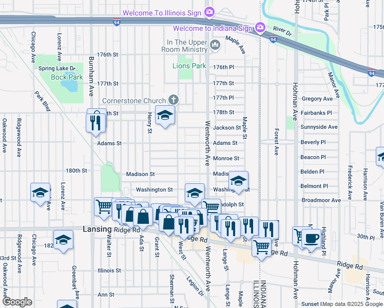 map of restaurants, bars, coffee shops, grocery stores, and more near 3528 Monroe Street in Lansing