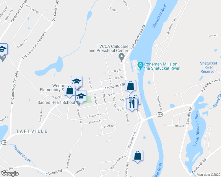 map of restaurants, bars, coffee shops, grocery stores, and more near 56 Providence Street in Norwich