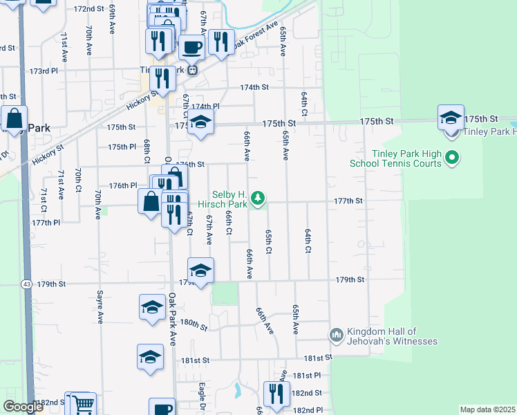 map of restaurants, bars, coffee shops, grocery stores, and more near 6550 177th St in Tinley Park