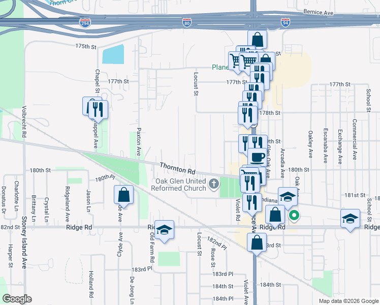 map of restaurants, bars, coffee shops, grocery stores, and more near 17934 Locust Street in Lansing
