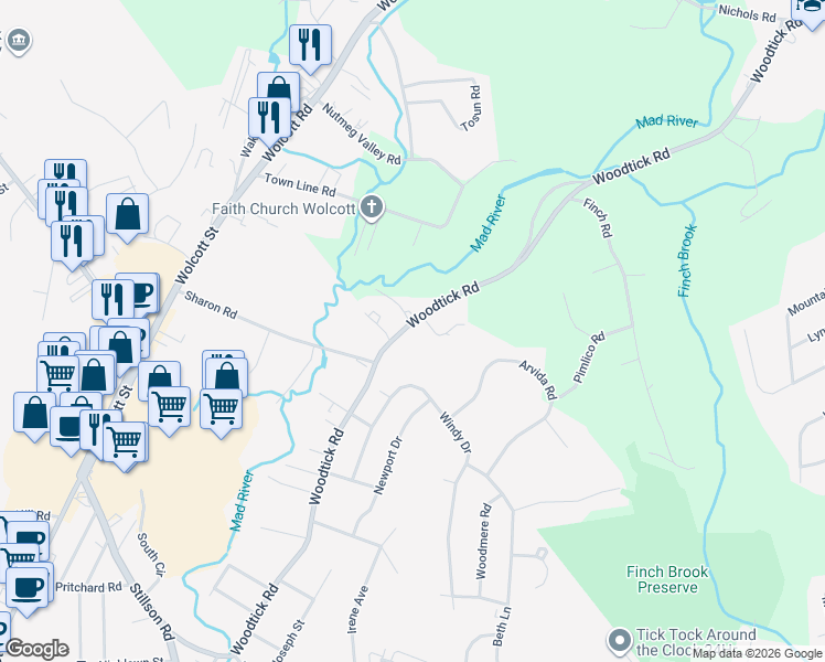 map of restaurants, bars, coffee shops, grocery stores, and more near 14 Woodtick Road in Wolcott