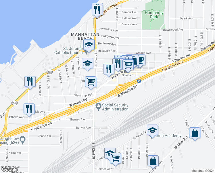 map of restaurants, bars, coffee shops, grocery stores, and more near 15414 Calcutta Avenue in Cleveland