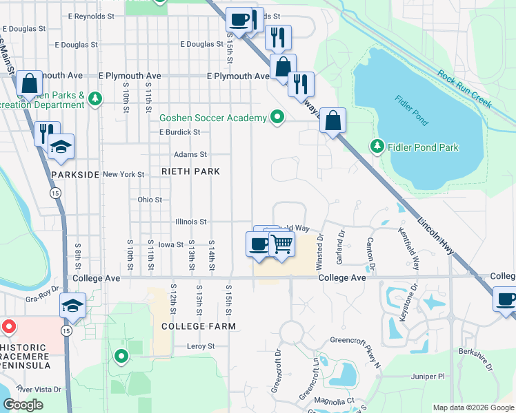 map of restaurants, bars, coffee shops, grocery stores, and more near 1402 South 16th Street in Goshen