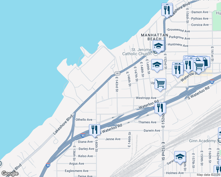 map of restaurants, bars, coffee shops, grocery stores, and more near 461 East 142nd Street in Cleveland