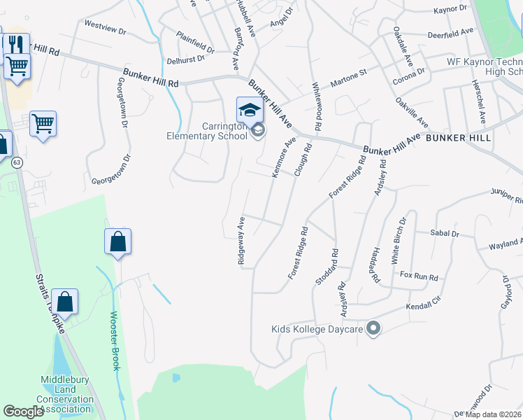 map of restaurants, bars, coffee shops, grocery stores, and more near 34 Regency Hill in Waterbury