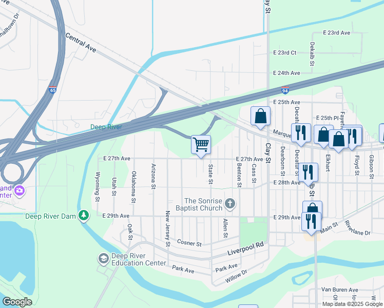 map of restaurants, bars, coffee shops, grocery stores, and more near 2688 New York Street in Gary