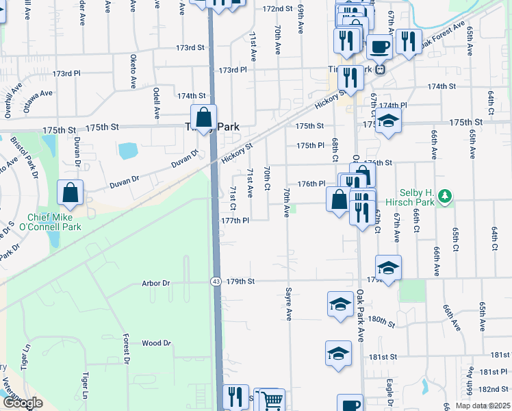 map of restaurants, bars, coffee shops, grocery stores, and more near 17701 71st Ave in Tinley Park