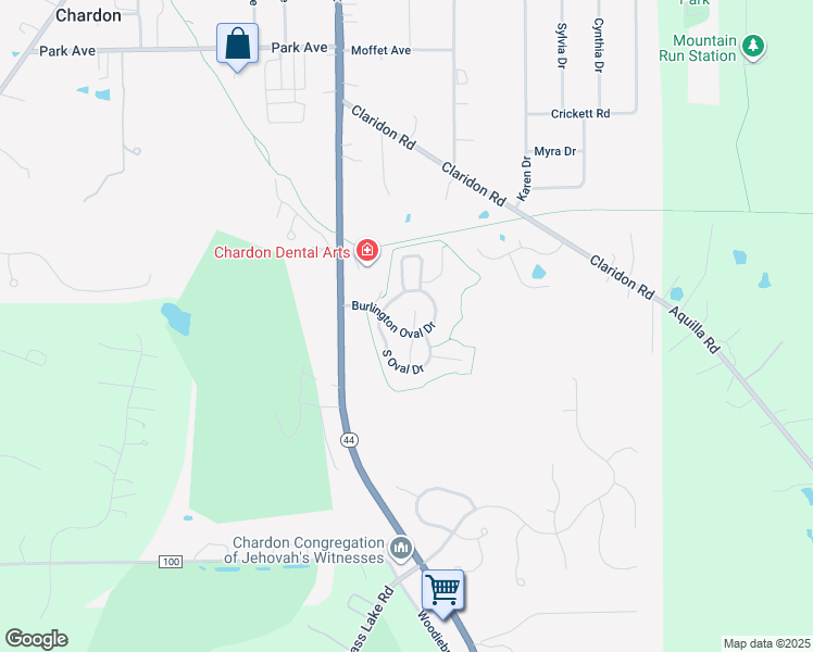 map of restaurants, bars, coffee shops, grocery stores, and more near 101 Burlington Oval Drive in Chardon
