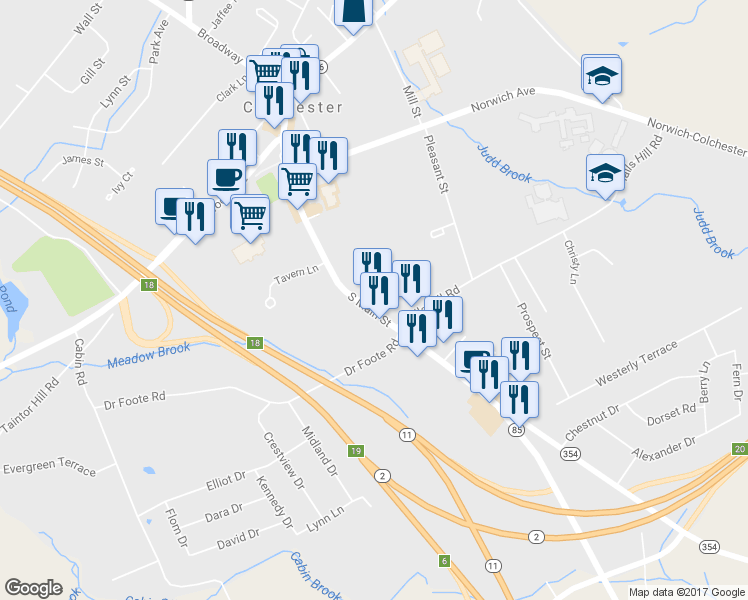 map of restaurants, bars, coffee shops, grocery stores, and more near 275 South Main Street in Colchester