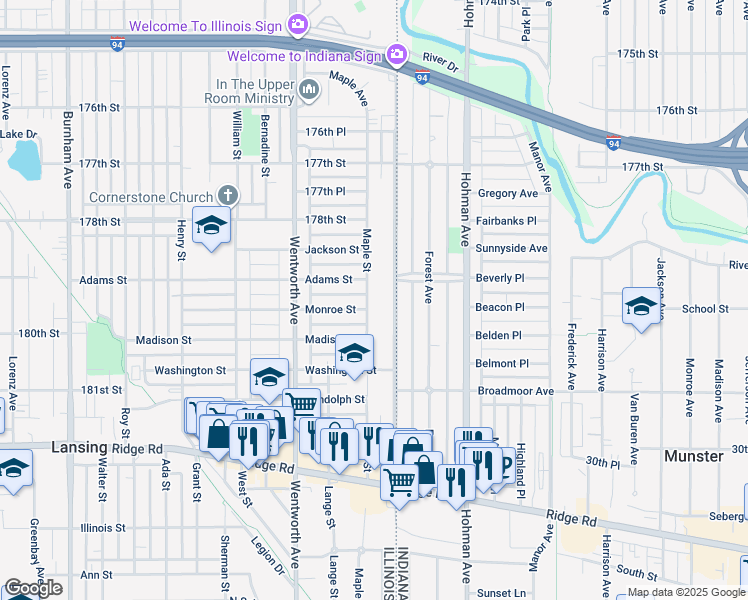 map of restaurants, bars, coffee shops, grocery stores, and more near 17921 Maple Street in Lansing
