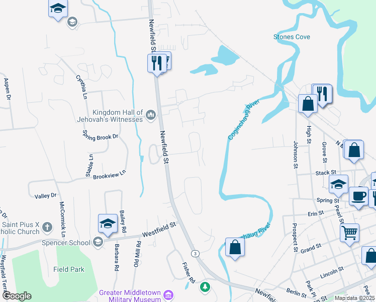 map of restaurants, bars, coffee shops, grocery stores, and more near 45 Stoneycrest Drive in Middletown