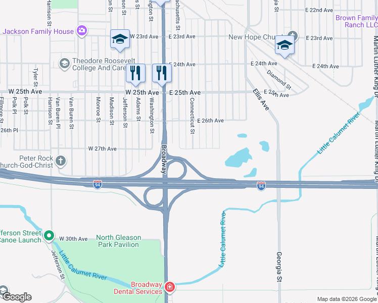 map of restaurants, bars, coffee shops, grocery stores, and more near 2704 Connecticut Street in Gary