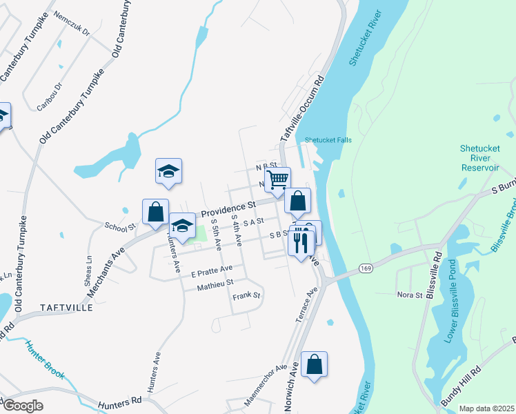 map of restaurants, bars, coffee shops, grocery stores, and more near 36 Providence Street in Norwich