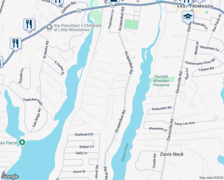 map of restaurants, bars, coffee shops, grocery stores, and more near 28 Garry Ave in Falmouth
