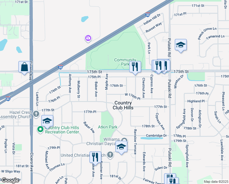map of restaurants, bars, coffee shops, grocery stores, and more near 4316 176th Place in Country Club Hills