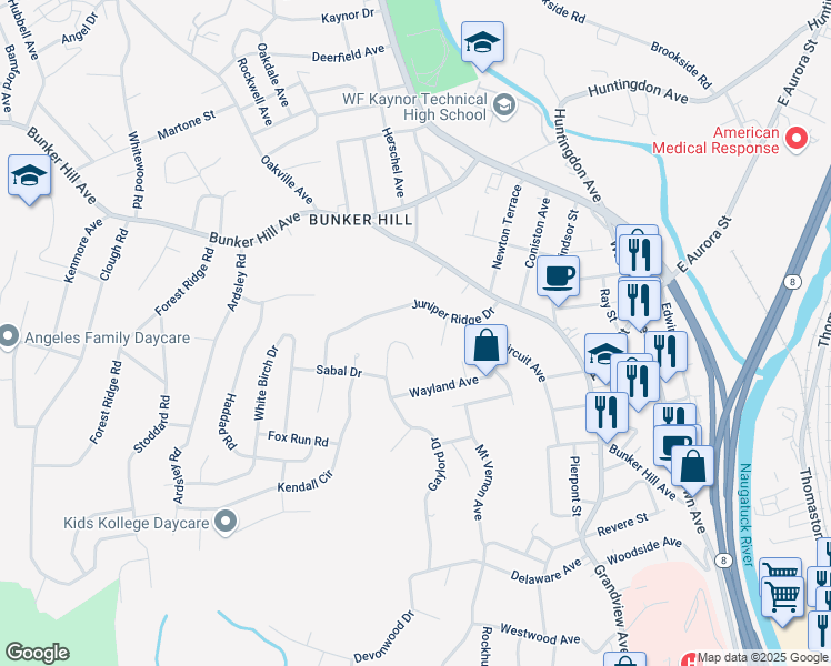 map of restaurants, bars, coffee shops, grocery stores, and more near 14 Arbutus Bend in Waterbury