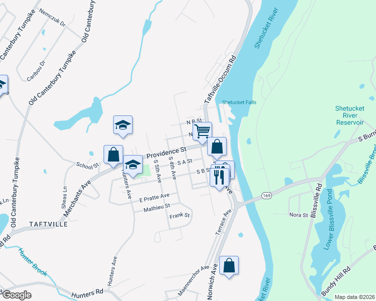 map of restaurants, bars, coffee shops, grocery stores, and more near 36 Providence Street in Norwich