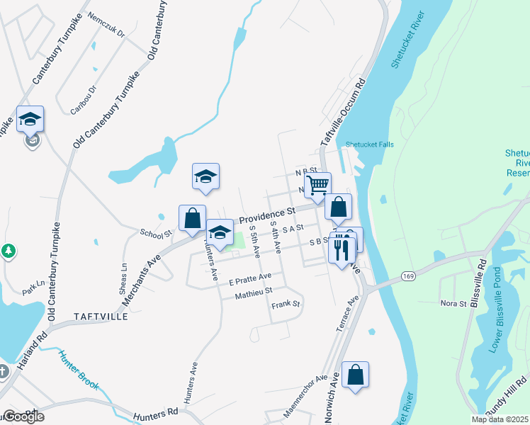 map of restaurants, bars, coffee shops, grocery stores, and more near 97 Providence Street in Norwich