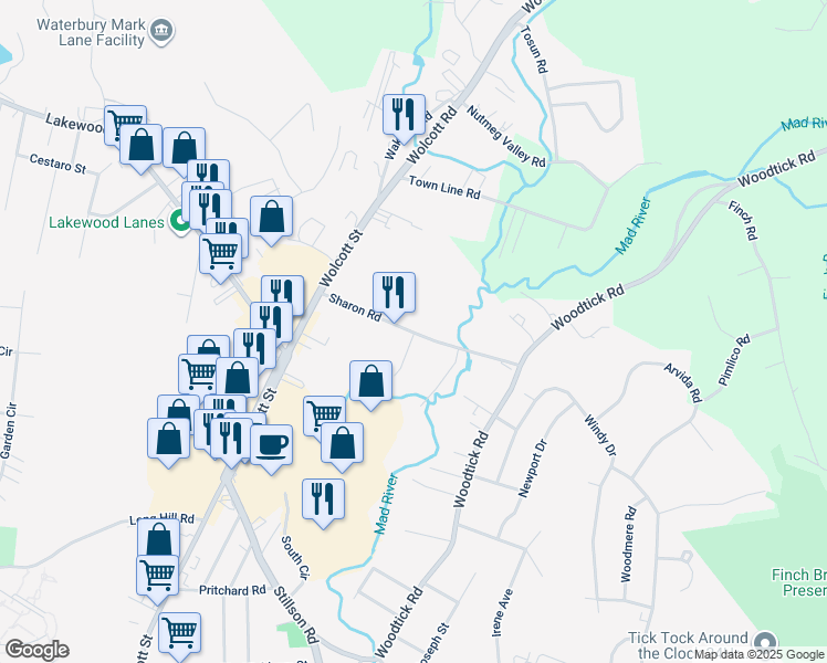 map of restaurants, bars, coffee shops, grocery stores, and more near 117 Sharon Road in Waterbury
