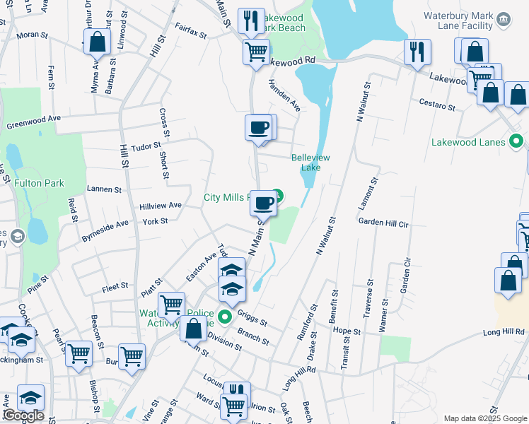 map of restaurants, bars, coffee shops, grocery stores, and more near 1352 North Main Street in Waterbury